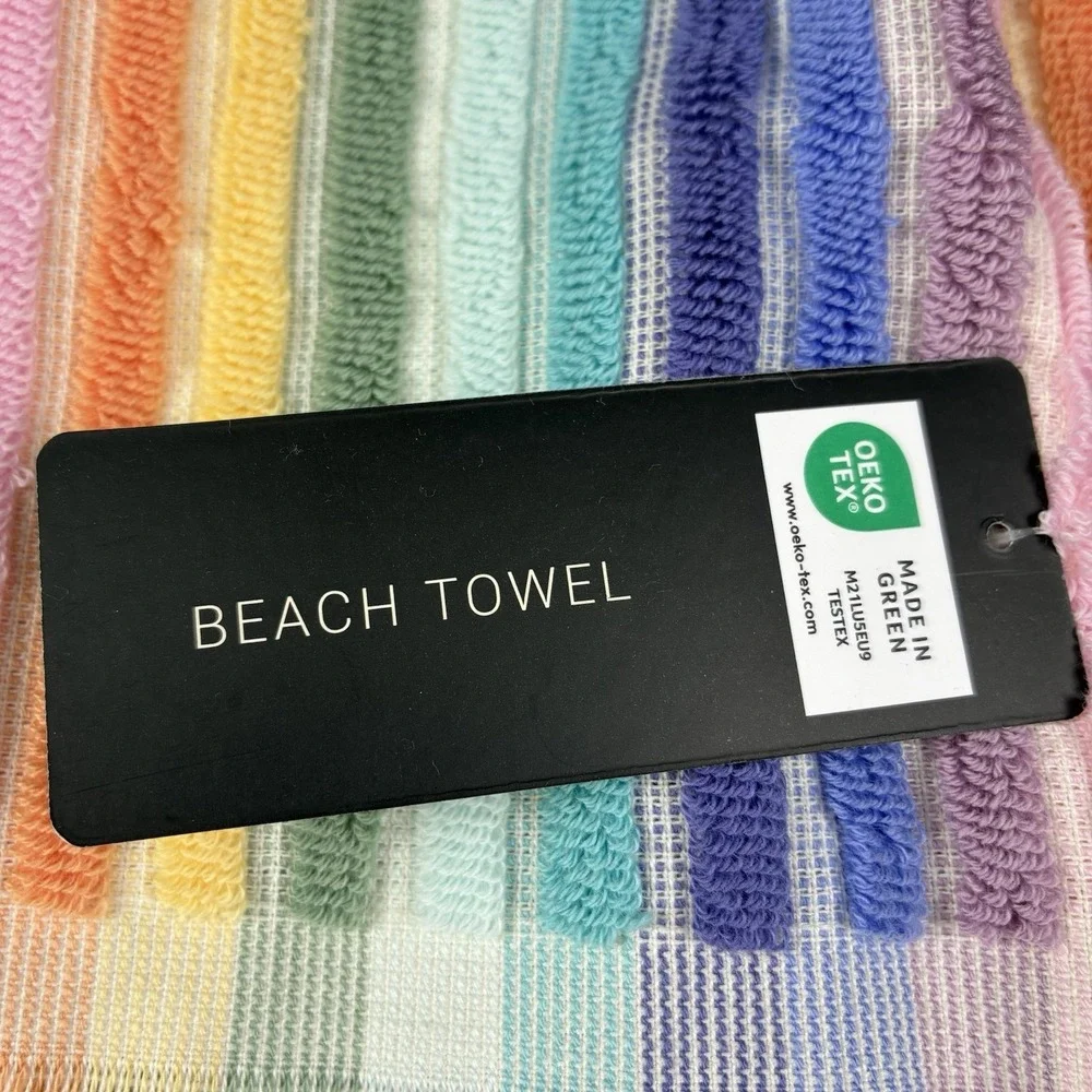 Rachel Zoe Viral Rainbow Stripe Beach Towel w/Fringe 100% COTTON NWT Retro Boho